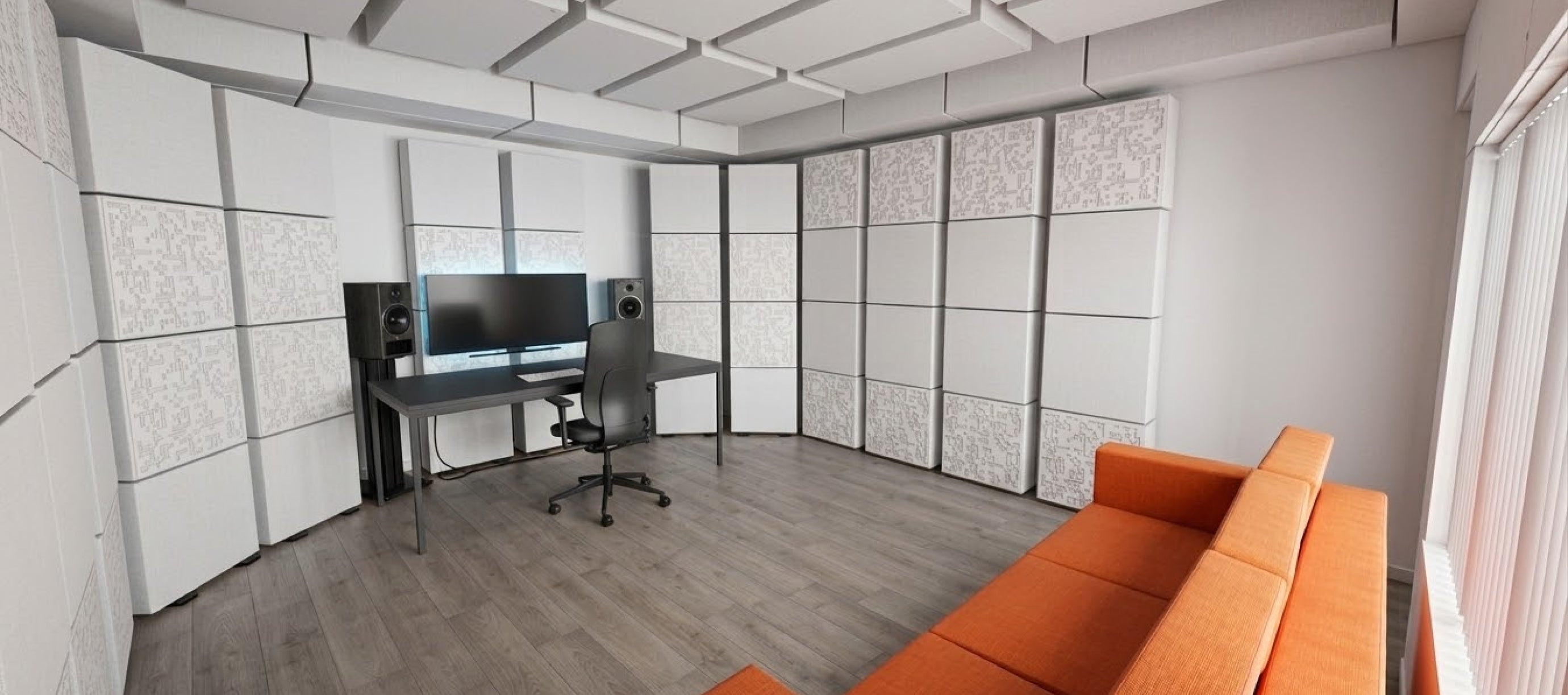 Two Channel Listening Position in a room full of GIK Acoustics Soundblocks