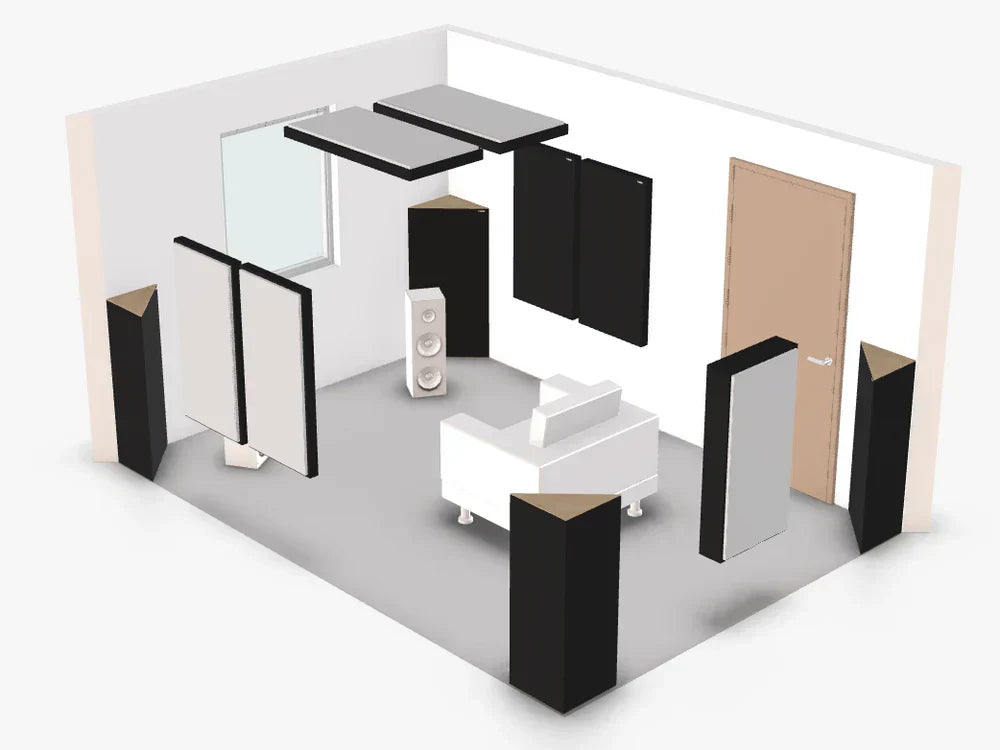 3D room layout diagram showing a GIK Acoustics Pro Room Kit with corner bass traps, wall panels, ceiling cloud, and freestanding panels positioned throughout a listening room