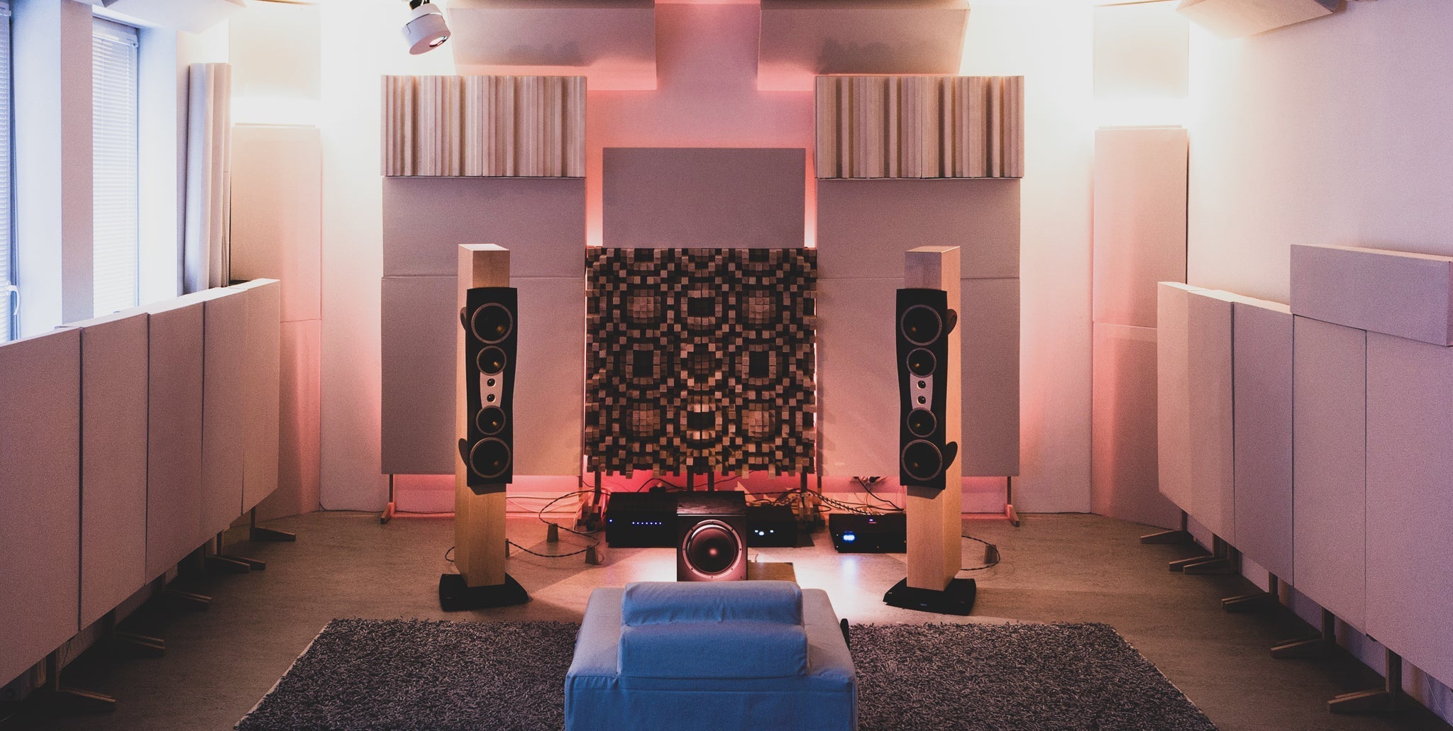 Listening room in Pardubice, Czech Republic treated with GIK Acoustics panels including GridFusor, TriTrap™ Corner Bass Traps, Soffit Corner Bass Trap, Scopus Bass Traps, and FlexRange® Bass Trap Panels